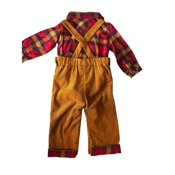 Tahari Boy's Brown Red Plaid Corduroy Overalls Set With Flannel Shirt 6-9 Months - Picture 2 of 4